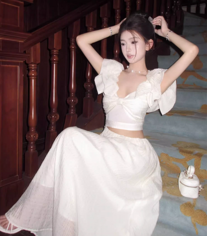 Sweet Apricot V-neck Waist-exposing Design A-line Cute Sleeve Women Dress TP3573