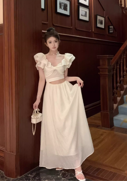 Sweet Apricot V-neck Waist-exposing Design A-line Cute Sleeve Women Dress TP3573