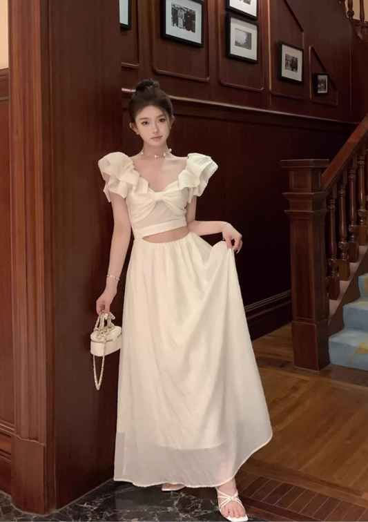 Sweet Apricot V-neck Waist-exposing Design A-line Cute Sleeve Women Dress TP3573