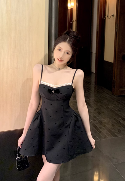 Cute Black Spaghetti Strap Backless Bow Design A-line Lace Homecoming Dress TP3692