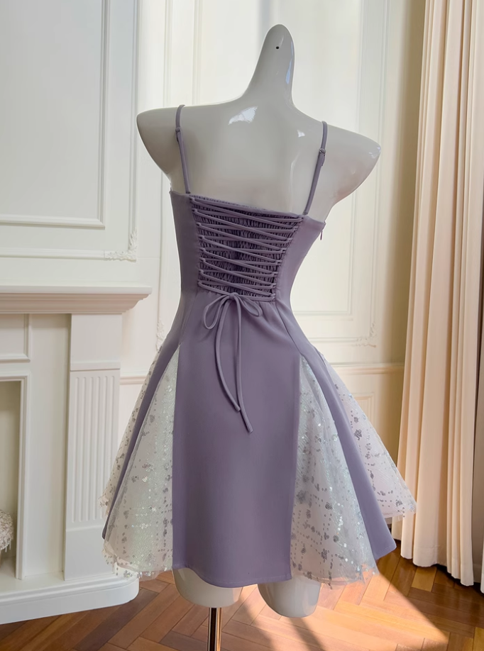 New Fashion Purple Bow Sequin Design A-line Spaghetti Strap Party Dresses Homecoming Dresses, TP3810