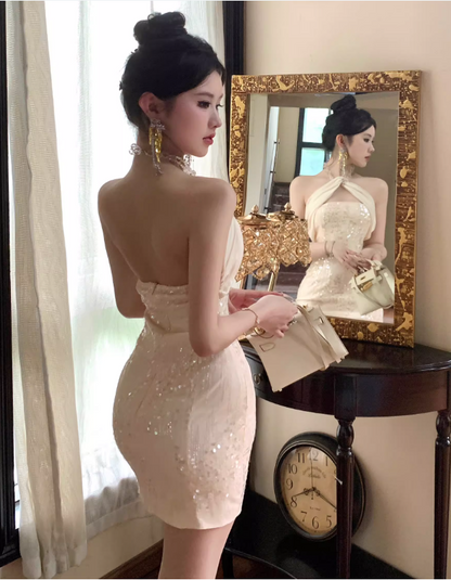 Fashion Champagne Sequin Design A-line  Party Halter Dress Homecoming Dress TP3818