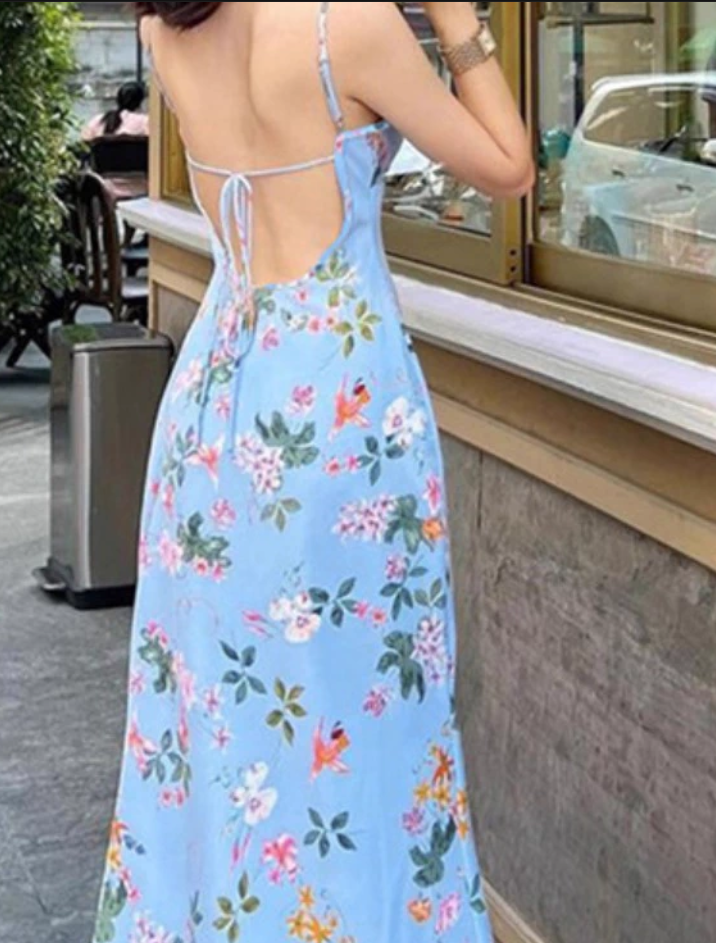 Vintage Blue Floral V-neck Spaghetti Strap Design A-line Party Dress TP3886