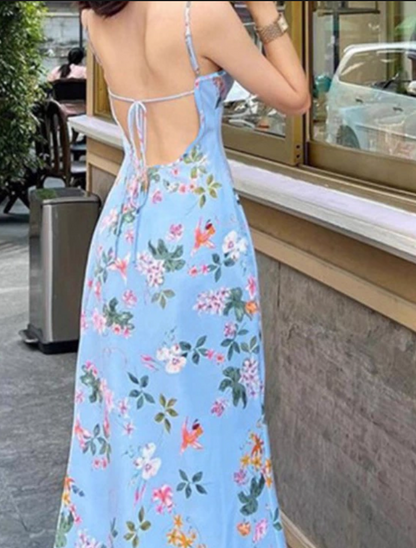 Vintage Blue Floral V-neck Spaghetti Strap Design A-line Party Dress TP3886