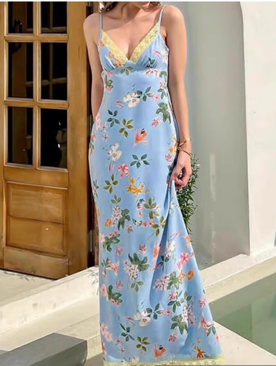 Vintage Blue Floral V-neck Spaghetti Strap Design A-line Party Dress TP3886