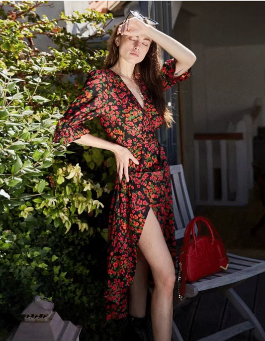 Vintage Floral V-neck Design A-line Half-sleeved Women Party Dress TP3893