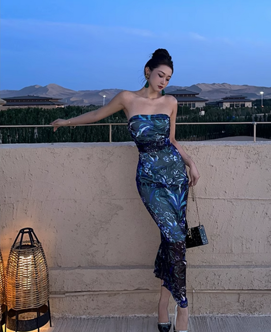 New Fashion Floral Strapless Design Sheath Women Party Dress TP3904