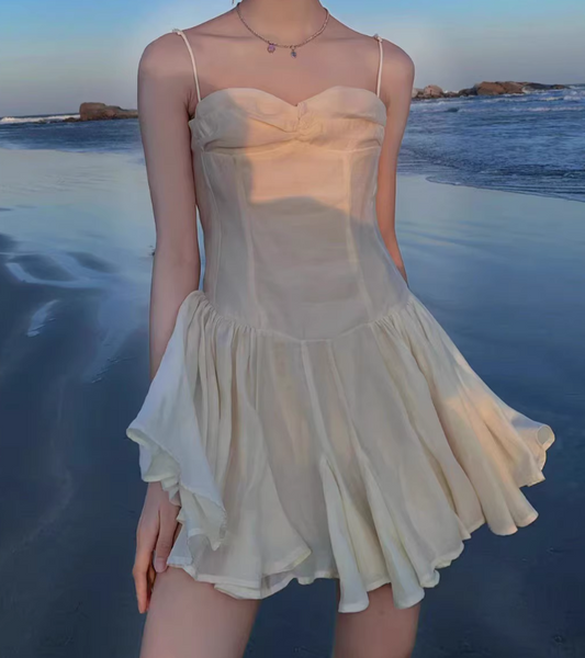 New Fashion White Sweetheart Spaghetti Strap Ruffled Hem Design Summer Party Dress TP3952