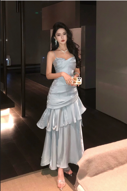 Vintage Blue Sweetheart Spaghetti Strap Mermaid Ruffled Hem Design Sexy Prom Dress Evening Dress TP4249