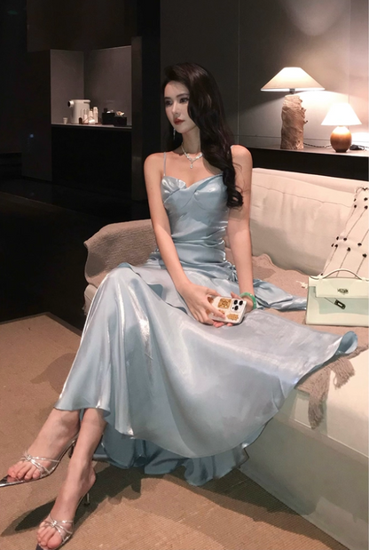 Vintage Blue Sweetheart Spaghetti Strap Mermaid Ruffled Hem Design Sexy Prom Dress Evening Dress TP4249