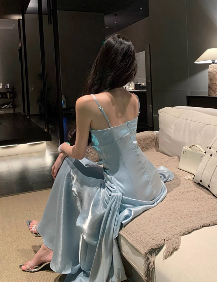 Vintage Blue Sweetheart Spaghetti Strap Mermaid Ruffled Hem Design Sexy Prom Dress Evening Dress TP4249