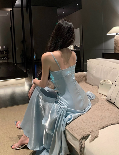 Vintage Blue Sweetheart Spaghetti Strap Mermaid Ruffled Hem Design Sexy Prom Dress Evening Dress TP4249