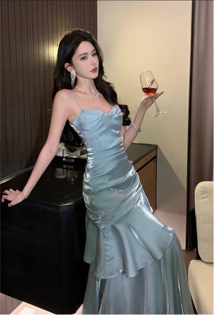 Vintage Blue Sweetheart Spaghetti Strap Mermaid Ruffled Hem Design Sexy Prom Dress Evening Dress TP4249