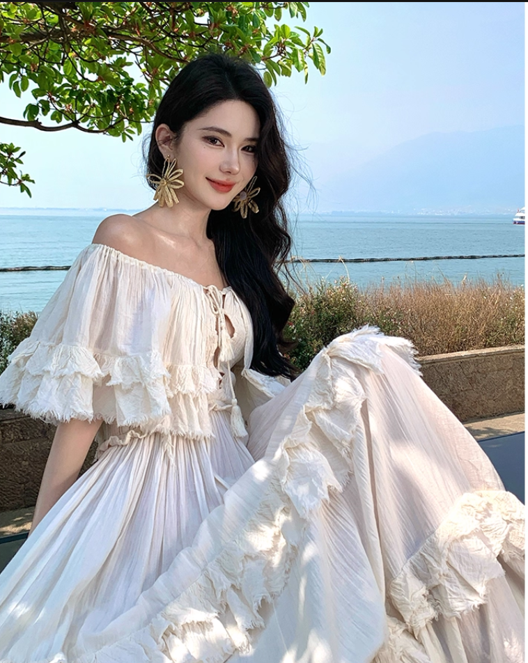 Vintage Ivory Strapless Ruffled Hem Design Elegant Beach Holiday A-Line Summer Dress TP4250