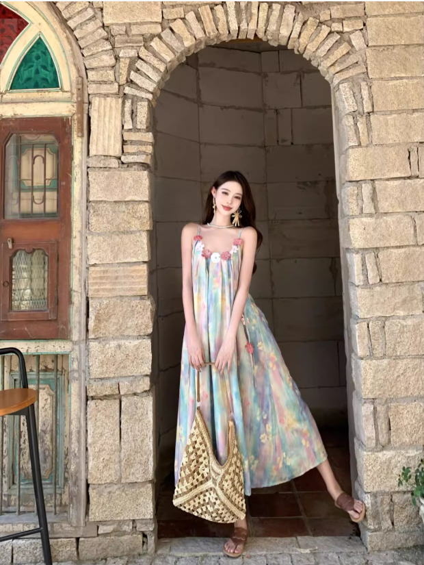Vintage Floral Spaghetti Strap Design Elegant Beach Holiday A-Line Sleeveless Summer Dress TP4251