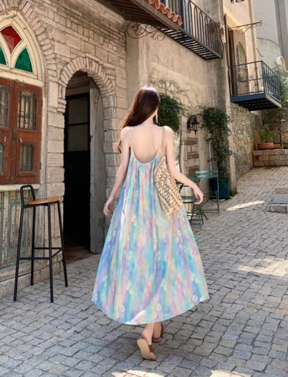 Vintage Floral Spaghetti Strap Design Elegant Beach Holiday A-Line Sleeveless Summer Dress TP4251