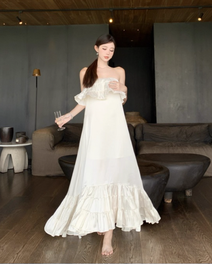 Vintage Ivory Strapless Ruffled Hem Design Elegant Beach Holiday A-Line Sleeveless Summer Dress TP4252