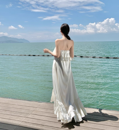 Vintage Ivory Strapless Ruffled Hem Design Elegant Beach Holiday A-Line Sleeveless Summer Dress TP4252