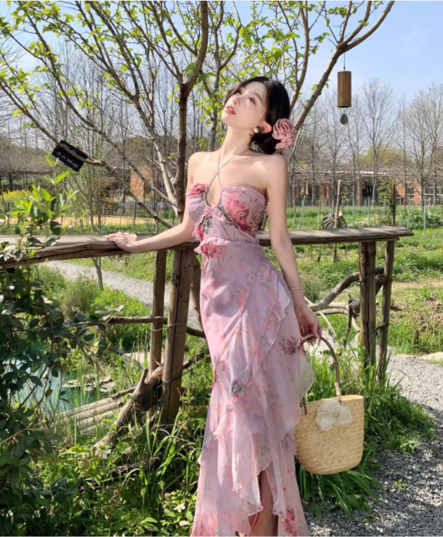 Vintage Pink Floral Irregular Hem Design Elegant Beach Holiday A-Line Sleeveless Halter Dress Summer Dress Party Dress TP4254
