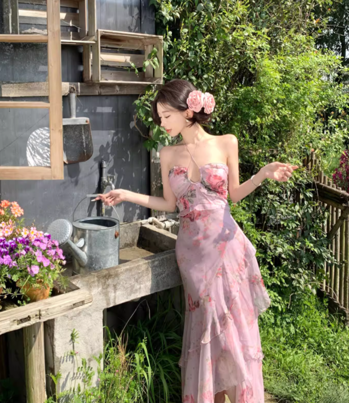 Vintage Pink Floral Irregular Hem Design Elegant Beach Holiday A-Line Sleeveless Halter Dress Summer Dress Party Dress TP4254