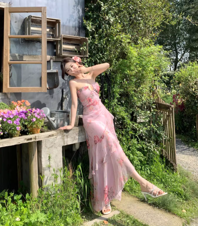 Vintage Pink Floral Irregular Hem Design Elegant Beach Holiday A-Line Sleeveless Halter Dress Summer Dress Party Dress TP4254
