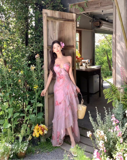 Vintage Pink Floral Irregular Hem Design Elegant Beach Holiday A-Line Sleeveless Halter Dress Summer Dress Party Dress TP4254