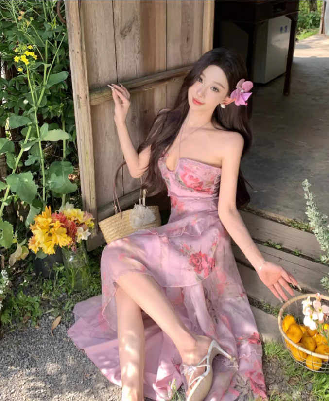 Vintage Pink Floral Irregular Hem Design Elegant Beach Holiday A-Line Sleeveless Halter Dress Summer Dress Party Dress TP4254