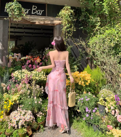 Vintage Pink Floral Irregular Hem Design Elegant Beach Holiday A-Line Sleeveless Halter Dress Summer Dress Party Dress TP4254