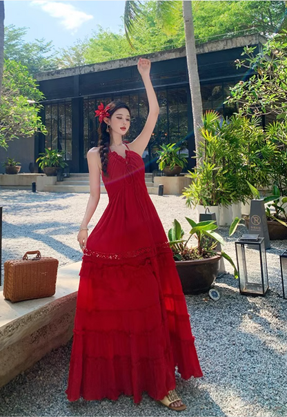 Vintage Burgundy V-neck Design Elegant Beach Holiday A-Line Sleeveless Halter Dress Summer Dress Party Dress TP4255