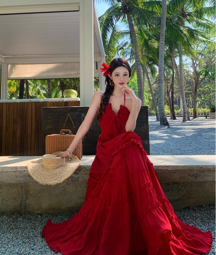Vintage Burgundy V-neck Design Elegant Beach Holiday A-Line Sleeveless Halter Dress Summer Dress Party Dress TP4255