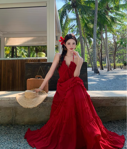 Vintage Burgundy V-neck Design Elegant Beach Holiday A-Line Sleeveless Halter Dress Summer Dress Party Dress TP4255