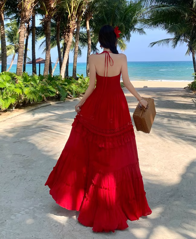 Vintage Burgundy V-neck Design Elegant Beach Holiday A-Line Sleeveless Halter Dress Summer Dress Party Dress TP4255