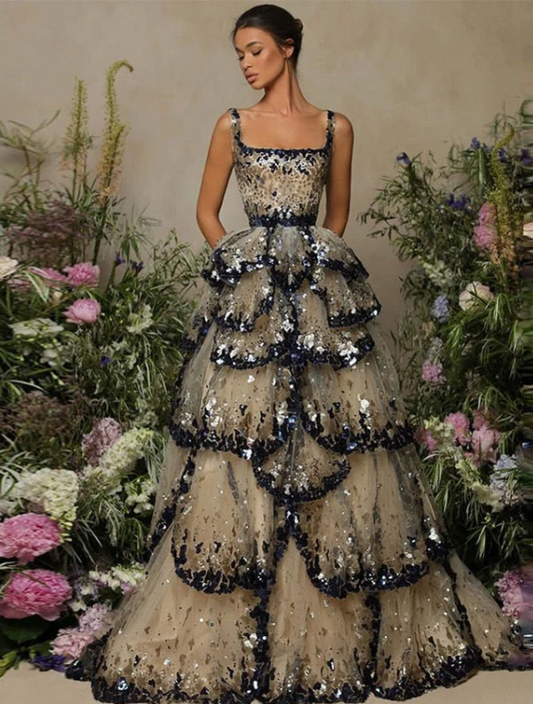 Gorgeous Shiny Sequin A-Line Long Tiered Prom Dress Evening Dress TP4562