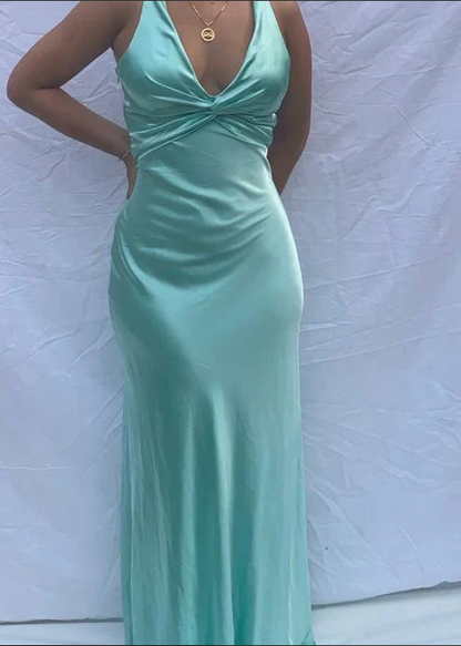 Vintage Satin V-neck Prom Dress Long Evening Dress Sheath Backless Formal Dress TP4590