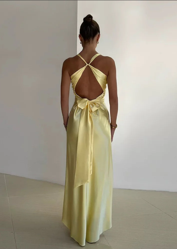 Vintage Satin V-neck Prom Dress Long Evening Dress Sheath Backless Formal Dress TP4590