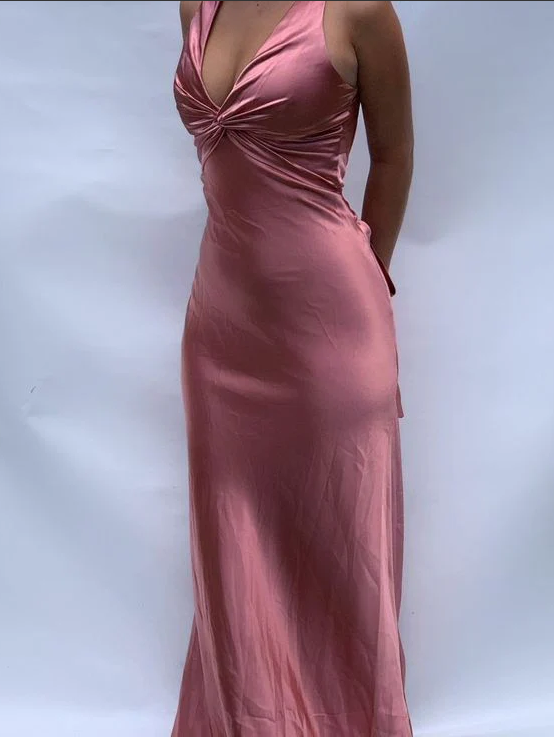 Vintage Satin V-neck Prom Dress Long Evening Dress Sheath Backless Formal Dress TP4590
