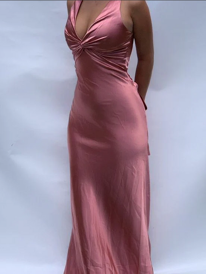 Vintage Satin V-neck Prom Dress Long Evening Dress Sheath Backless Formal Dress TP4590