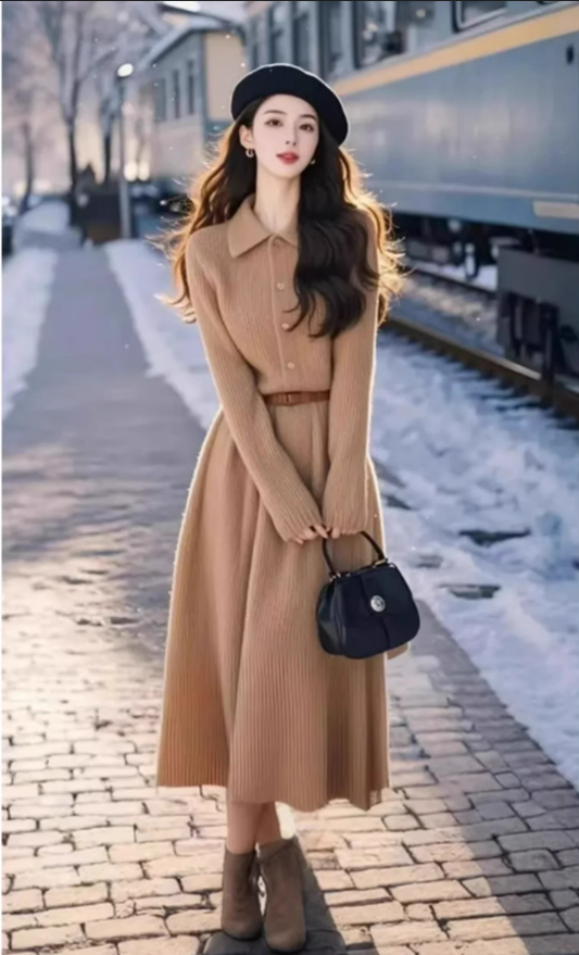 Vintage Khaki A-Line Long-sleeve Knit Dress Long Party Dress TP4727
