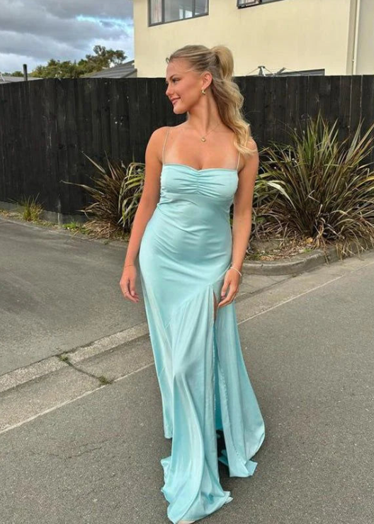 Elegant Satin Prom Dress Sheath Spaghetti Strap Evening Gown High Slit Party Dress Long Formal Dress TP4750