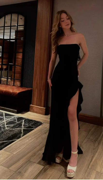 Elegant Black Prom Dress Sheath Strapless Evening Gown Long Party Dress High Slit Formal Dress TP4748