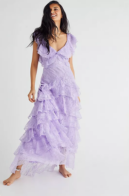 Elegant Lilac V-neck Prom Dress Lace Sheath Evening Gown Long Party Dress Tiered Formal Dress TP4745