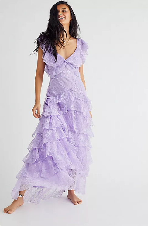 Elegant Lilac V-neck Prom Dress Lace Sheath Evening Gown Long Party Dress Tiered Formal Dress TP4745