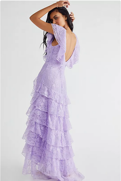 Elegant Lilac V-neck Prom Dress Lace Sheath Evening Gown Long Party Dress Tiered Formal Dress TP4745
