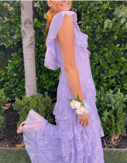 Elegant Lilac V-neck Prom Dress Lace Sheath Evening Gown Long Party Dress Tiered Formal Dress TP4745