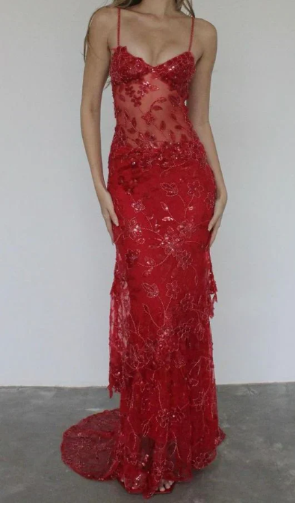 Elegant Red Lace Prom Dress Sequin Sheath Evening Gown Long Party Dress Spaghetti Strap Formal Dress TP4744