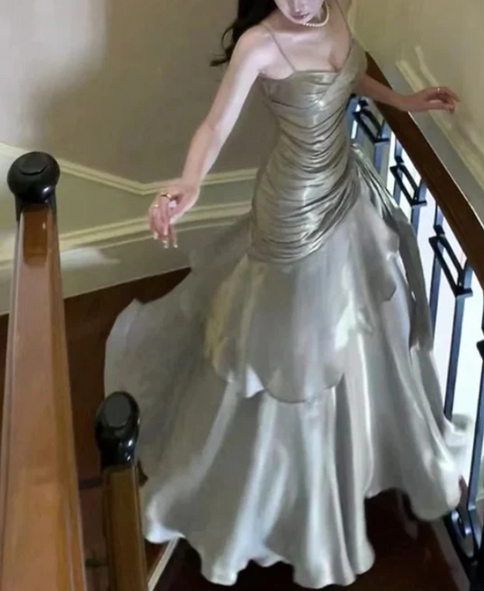 Elegant Gray Satin Prom Dress Mermaid Evening Gown Long Party Dress Spaghetti Strap Formal Dress TP4743