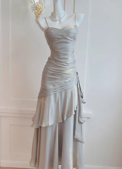 Elegant Gray Satin Prom Dress Mermaid Evening Gown Long Party Dress Spaghetti Strap Formal Dress TP4743