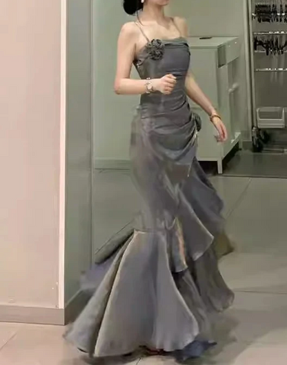 Elegant 3D Flower Satin Prom Dress Mermaid Evening Gown Party Dress Spaghetti Strap Formal Dress TP4741