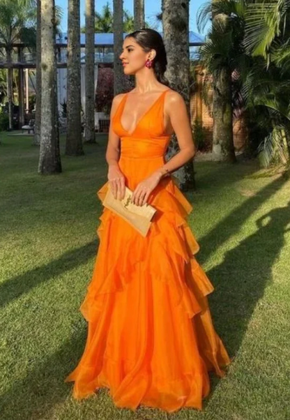 Elegant Orange V-neck Prom Dress A-Line Ruffles Evening Gown Chiffon Party Dress Wedding Guest Dress Long Formal Dress TP4734