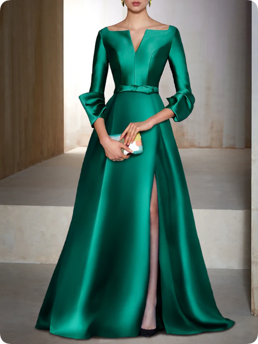 Elegant Satin Long-sleeve Prom Dress A-Line Evening Gown High Slit Party Dress Long Formal Dress TP4771